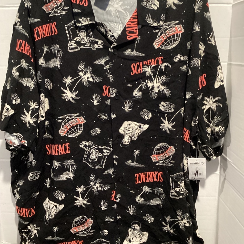 T100-Men’s Black Scarface Short Sleeve Button Up Hawaiian Style Shirt New